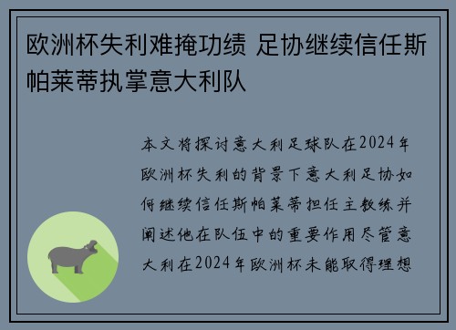欧洲杯失利难掩功绩 足协继续信任斯帕莱蒂执掌意大利队 欧洲杯失利难掩功绩 足协继续信任斯帕莱蒂执掌意大利队