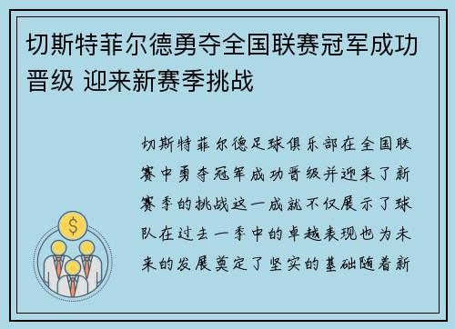 切斯特菲尔德勇夺全国联赛冠军成功晋级 迎来新赛季挑战 切斯特菲尔德勇夺全国联赛冠军成功晋级 迎来新赛季挑战